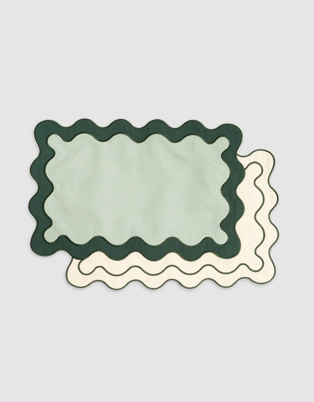 Linen Table Placemet Set with Embroidered Scalloped Edges-0