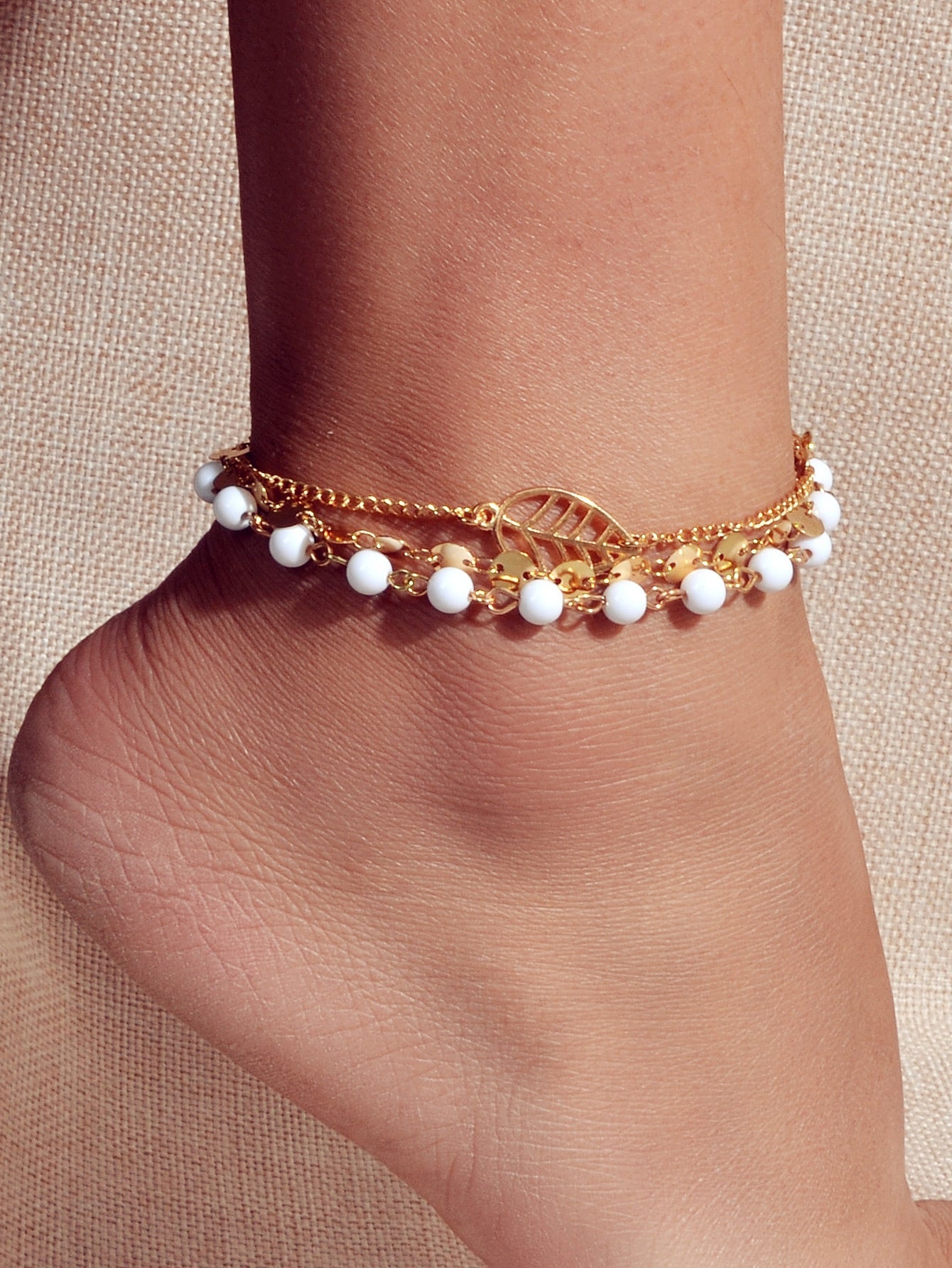 1 pc Foot Beach Jewellery Gold Silver Multi-layer Chain White Beads Leaf Anklet-0