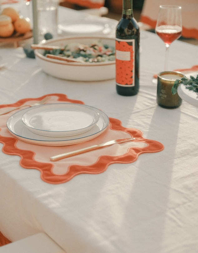 Linen Table Placemet Set with Embroidered Scalloped Edges