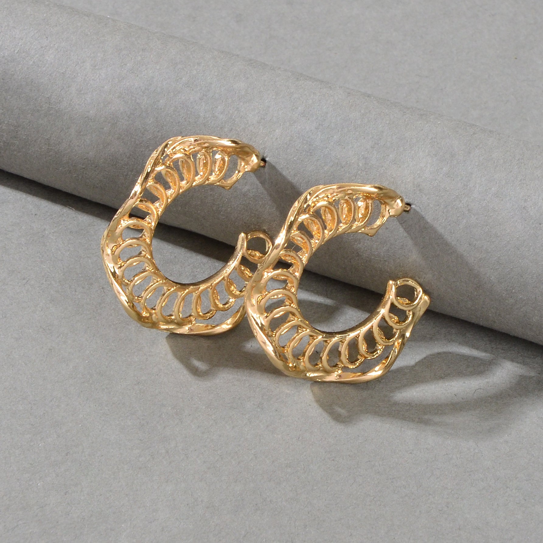 Classic Gold Plated Circle Open Half Hoop Huggie Chunky Wrap Cuffs Stud Earrings-1