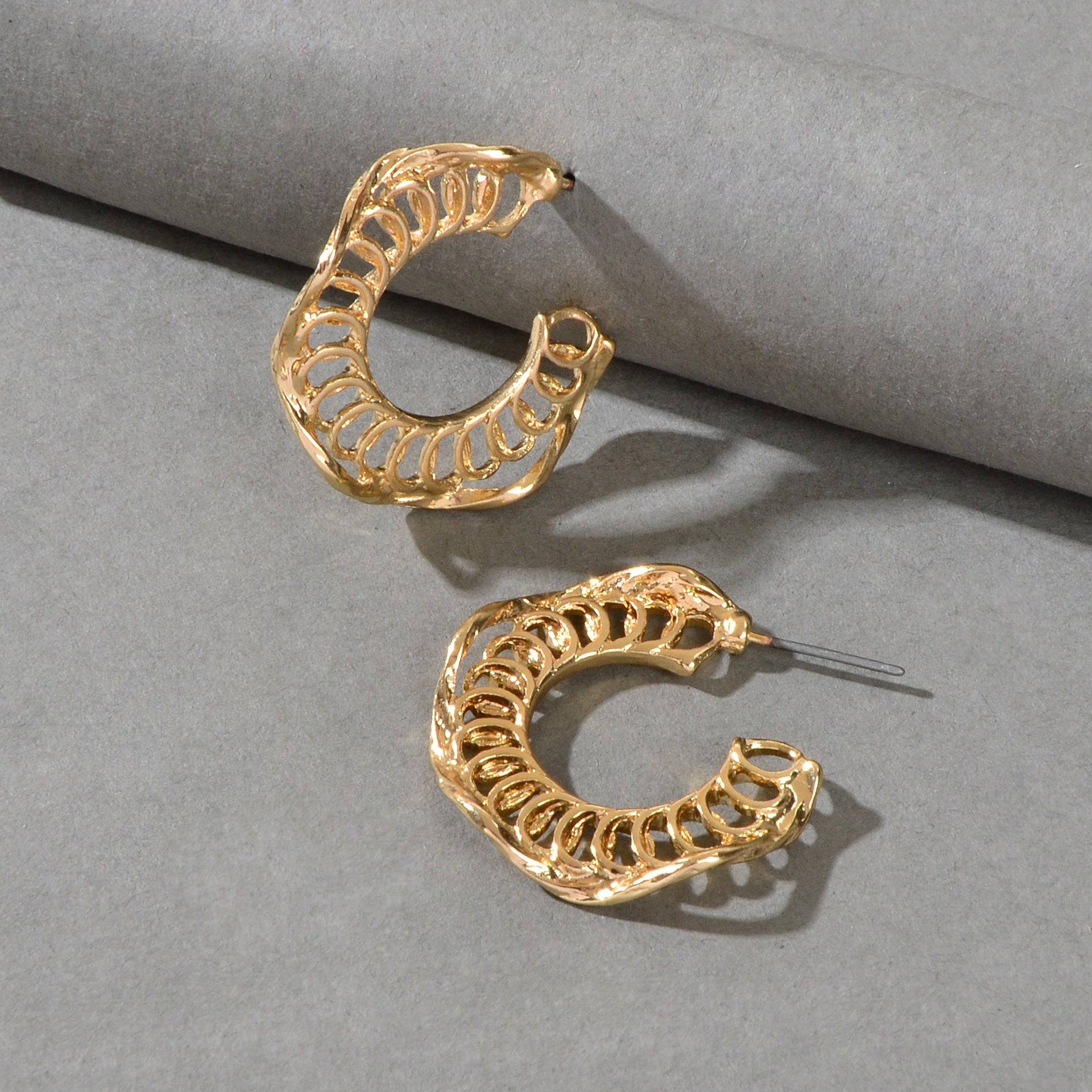 Classic Gold Plated Circle Open Half Hoop Huggie Chunky Wrap Cuffs Stud Earrings-2