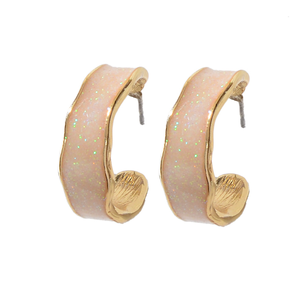Pink Enamel Circle Shining Hoop Earrings C Shape Stud Teens Textured Jewellery-4