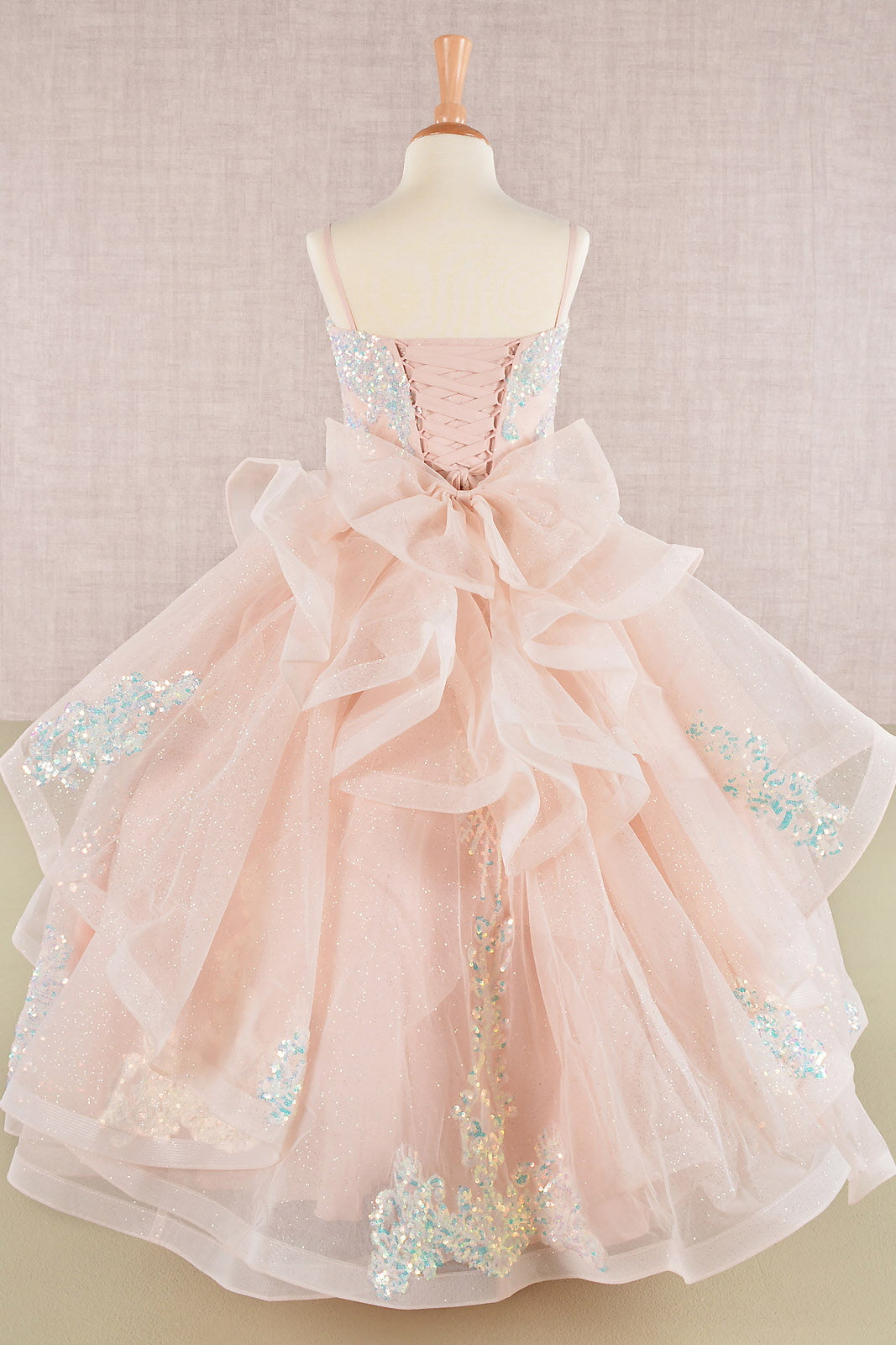 Sequin Mesh Kids Dress with a Detachable Ribbon and Ruffled Back Skirt