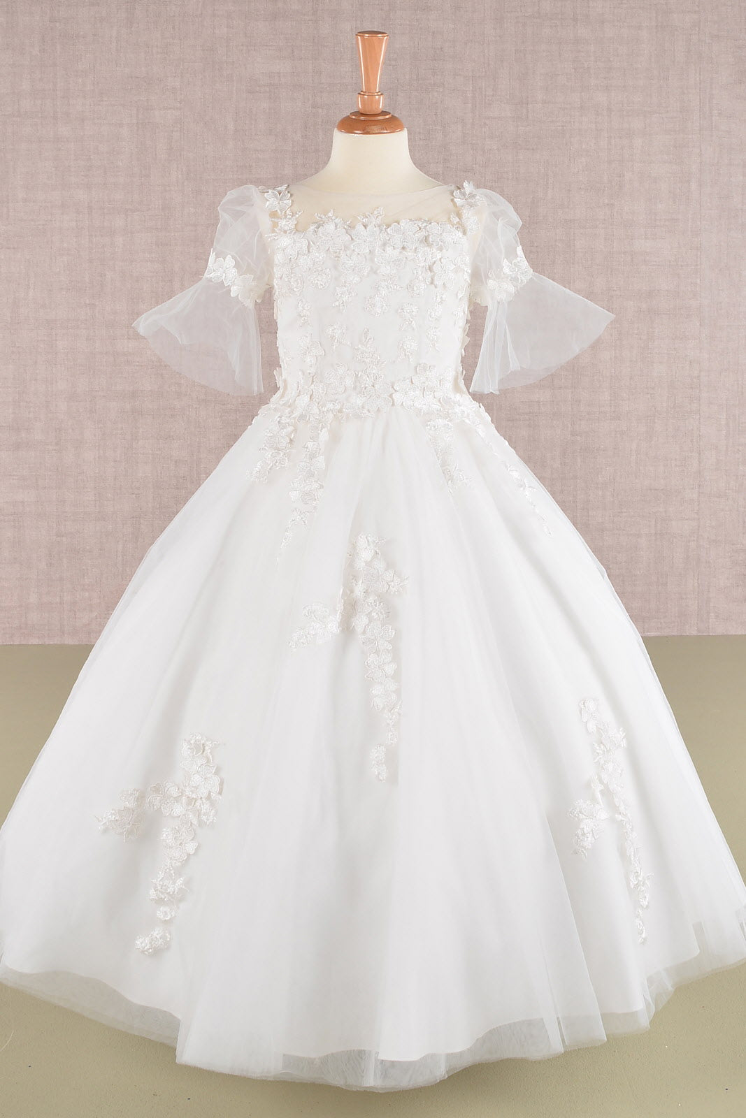 3D Floral Applique Mesh Kids Dress with Long Back Hem