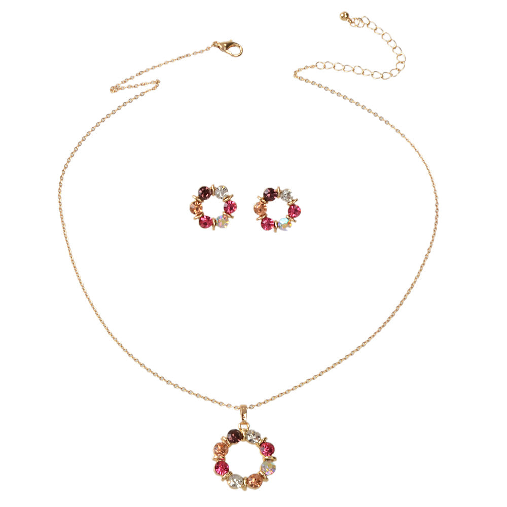 Colourful Rhinestone Flower Jewellry Set Round Charm Necklace Girl Stud Earrings-4
