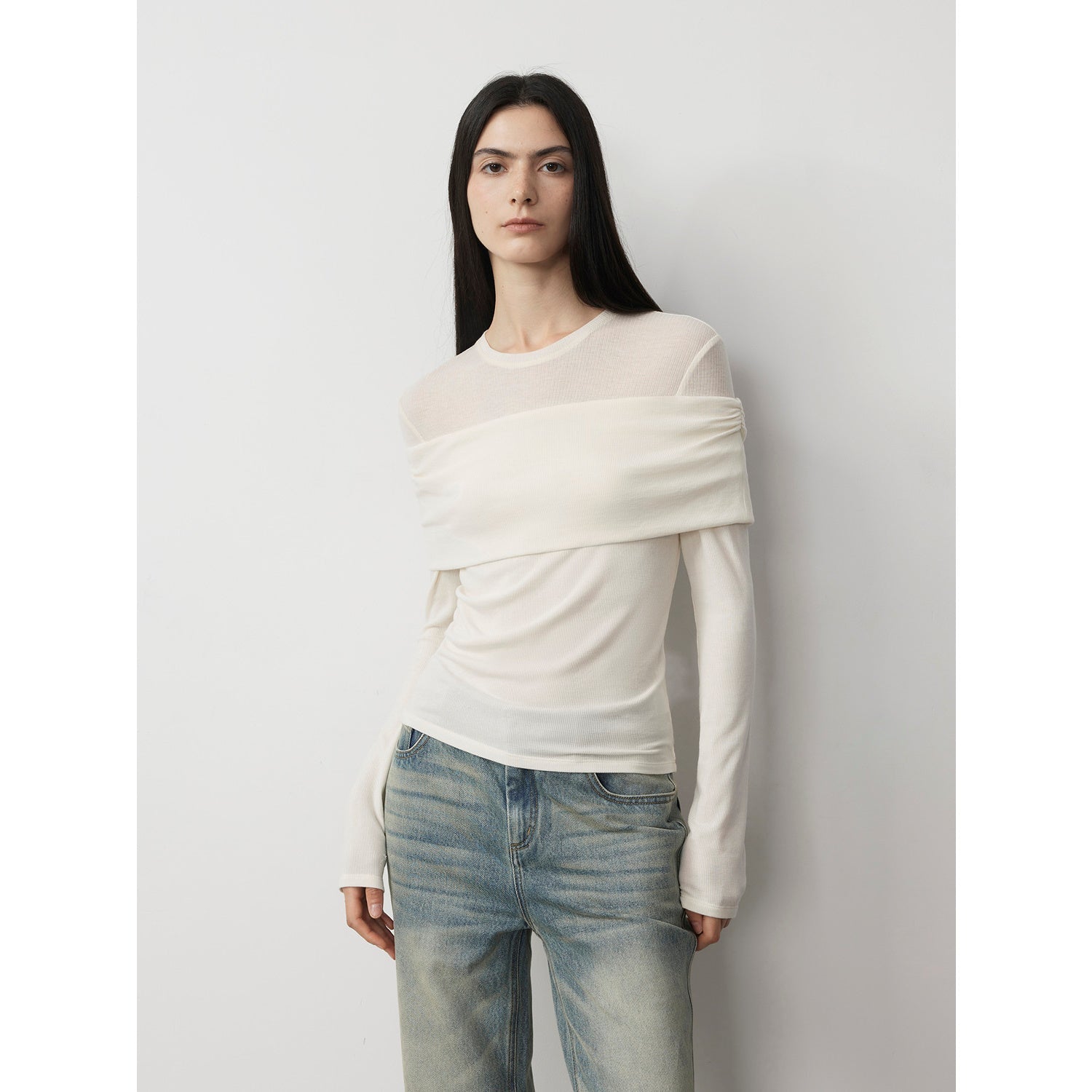 Personalized layered Tencel wool fake two-piece splicing one-shoulder versatile knitted top"Modern Tricks"-6