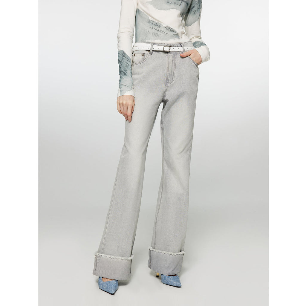 "Blues Time" Retro washed distressed straight flared cuffed jeans for women-1