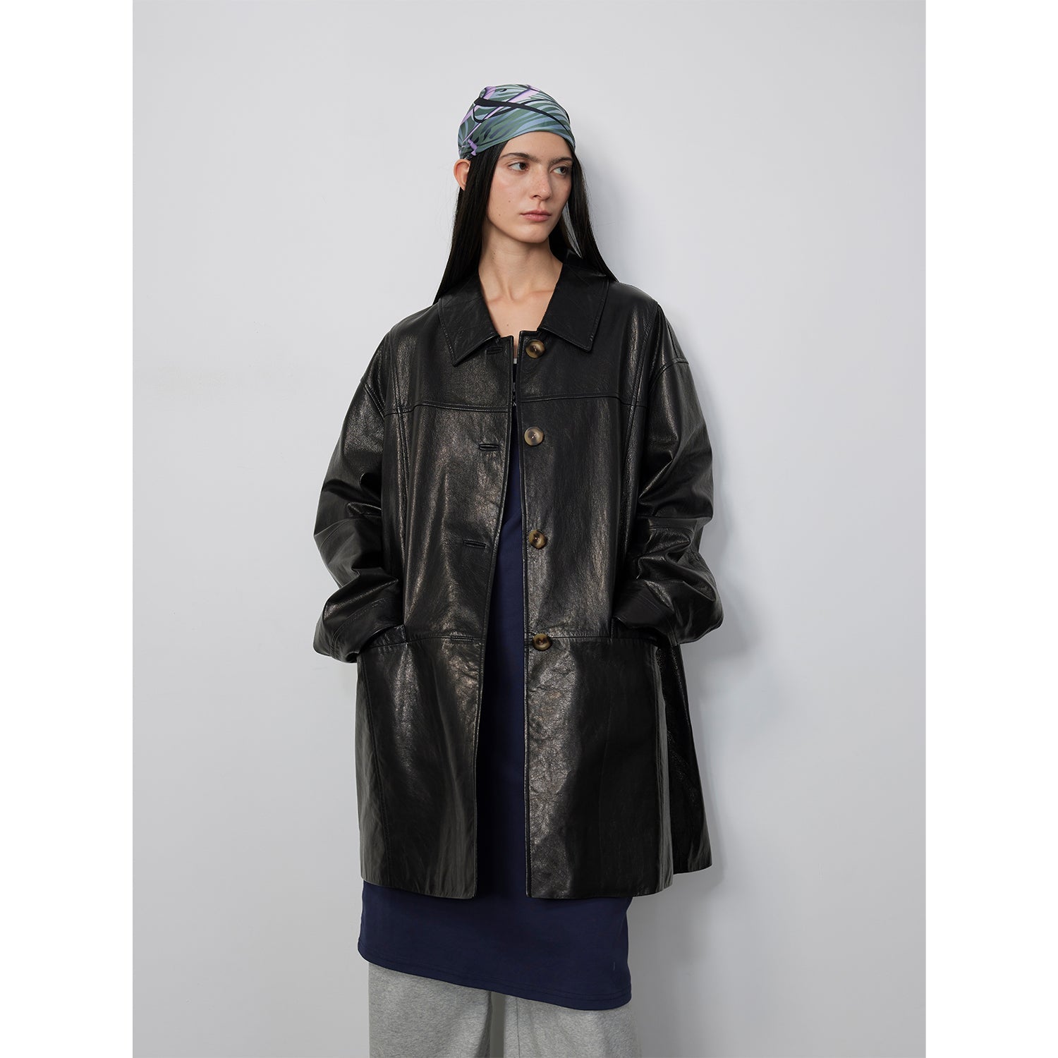 Limited Edition Waxed Goat Leather/Retro Casual Lapel Mid-Length Leather Jacket “Notting Hill Diary”-5