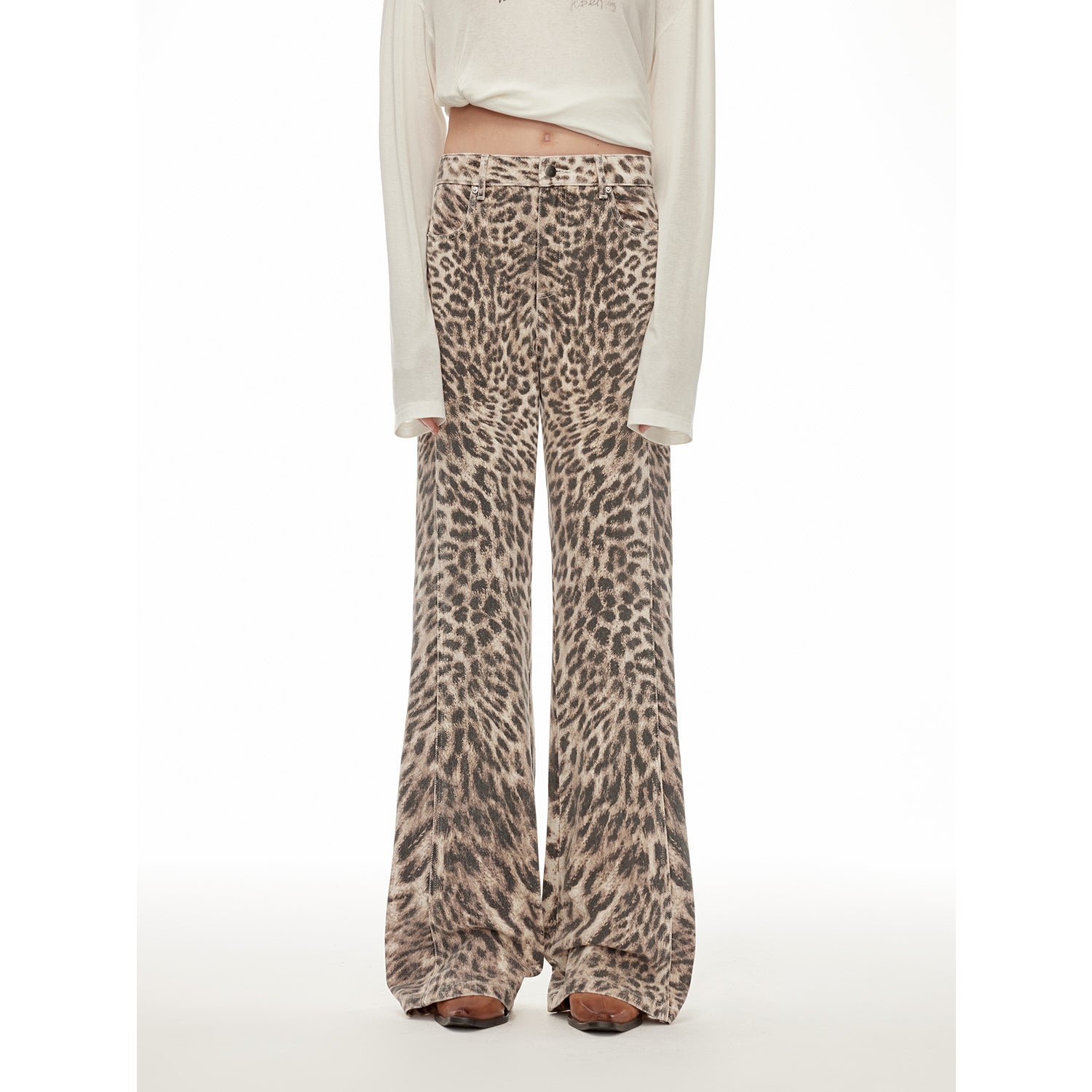 “Wild roar”vintage original leopard print Turkish imported washed slimming straight-leg bootcut jeans-5