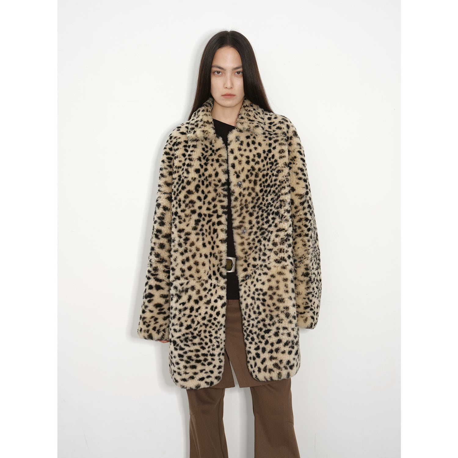 "Leopard print sniper" imported merino sheepskin fashionable off-shoulder slim mid-length fur coat-5