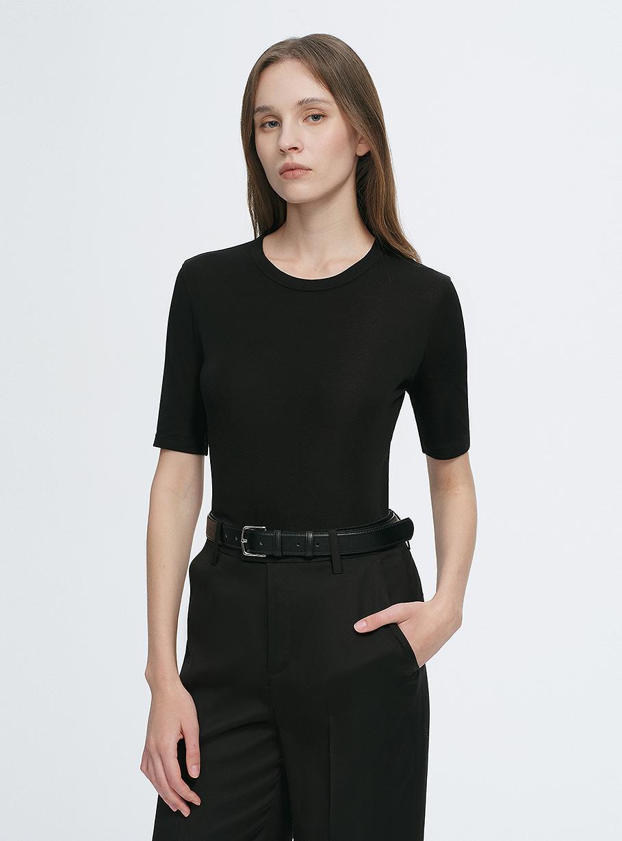 Fitted waist slimming round neck Tencel cashmere versatile short-sleeved T-shirt-1