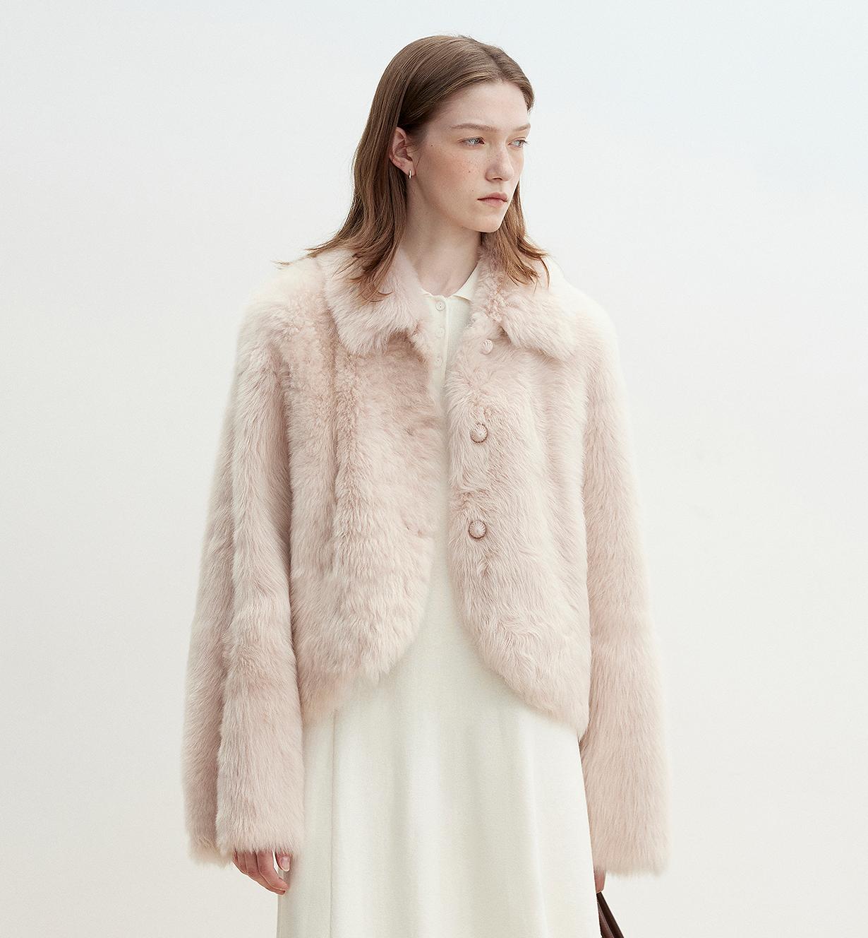 "Autumn Secret" Pink Lapel Tuscan Straight Fur Sheepskin Short Jacket-4