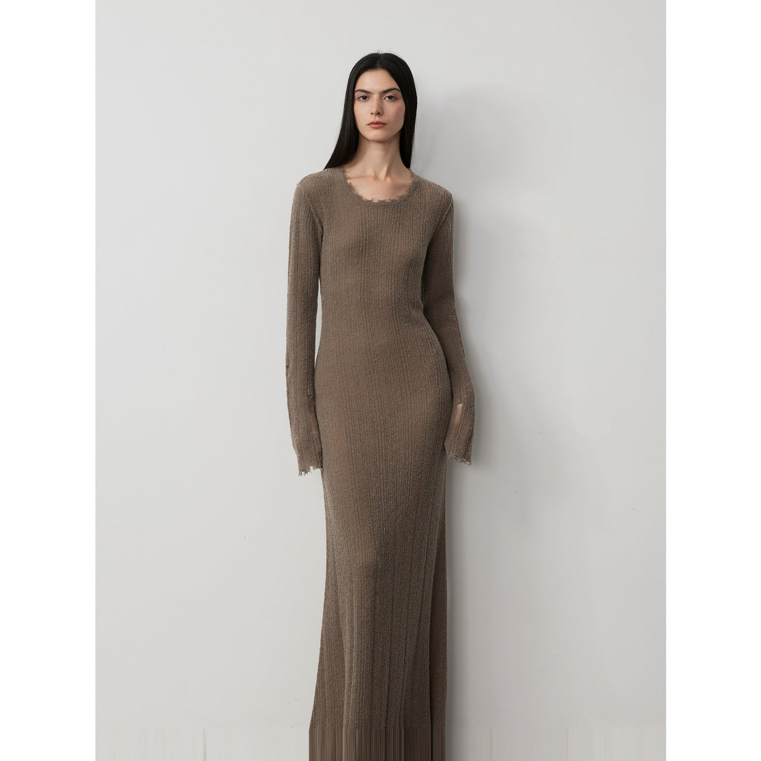 Wool looped yarn raw edge ripped and drapey long dress with a slim fit-5