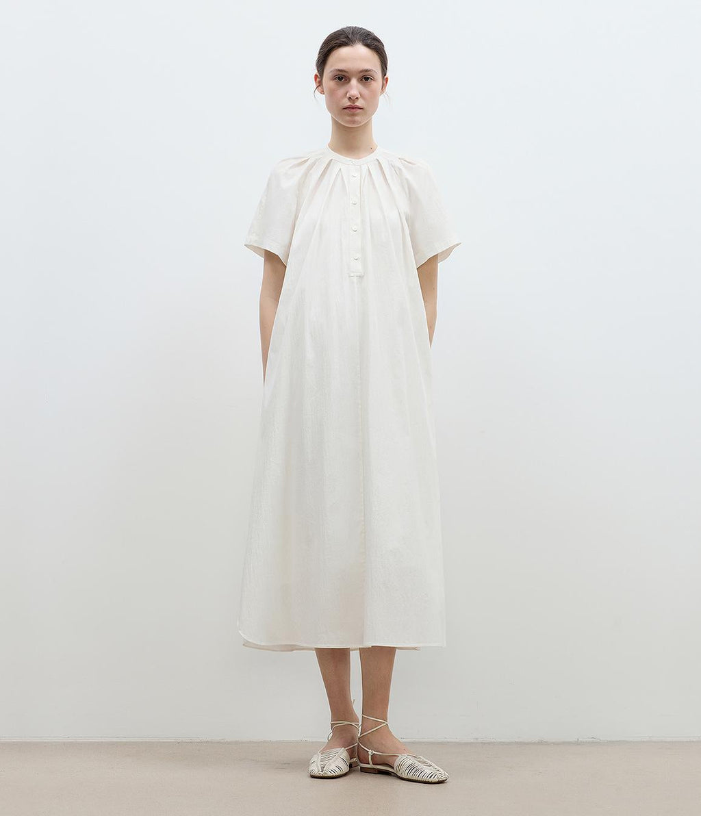 "First Love Island" Cotton Stand Collar Pleated Short Sleeve Shirt Dress for Women-0