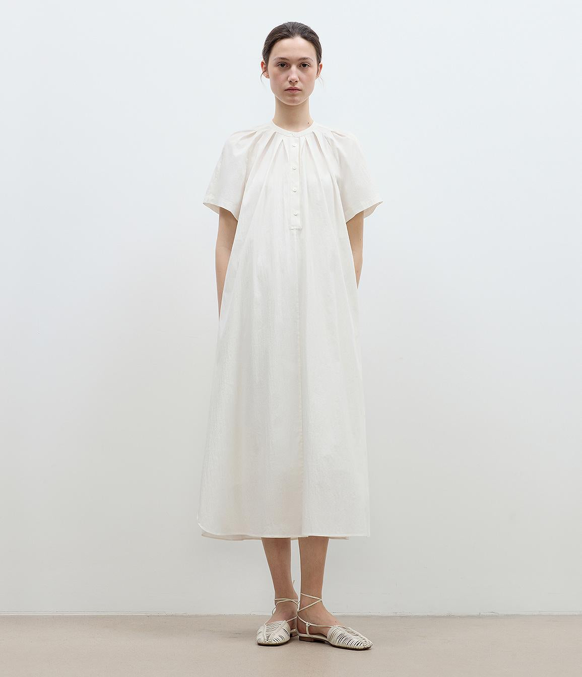 "First Love Island" Cotton Stand Collar Pleated Short Sleeve Shirt Dress for Women-0