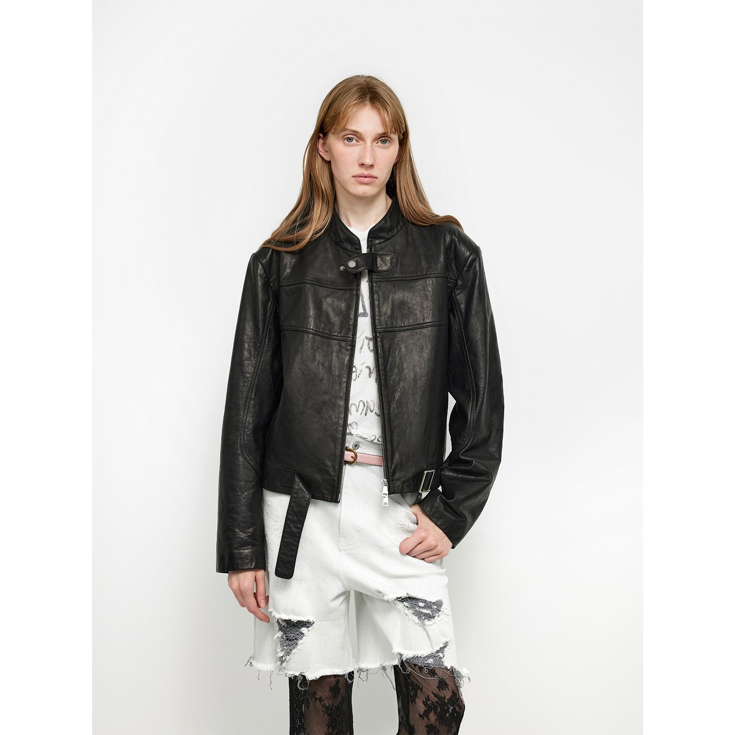 Retro Sheepskin Stand Collar Short Motorcycle Jacket “Caramel Mountain”-6