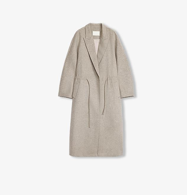 "Desert Heart"women's original color wool peaked lapel drawstring mid-length wool coat-5