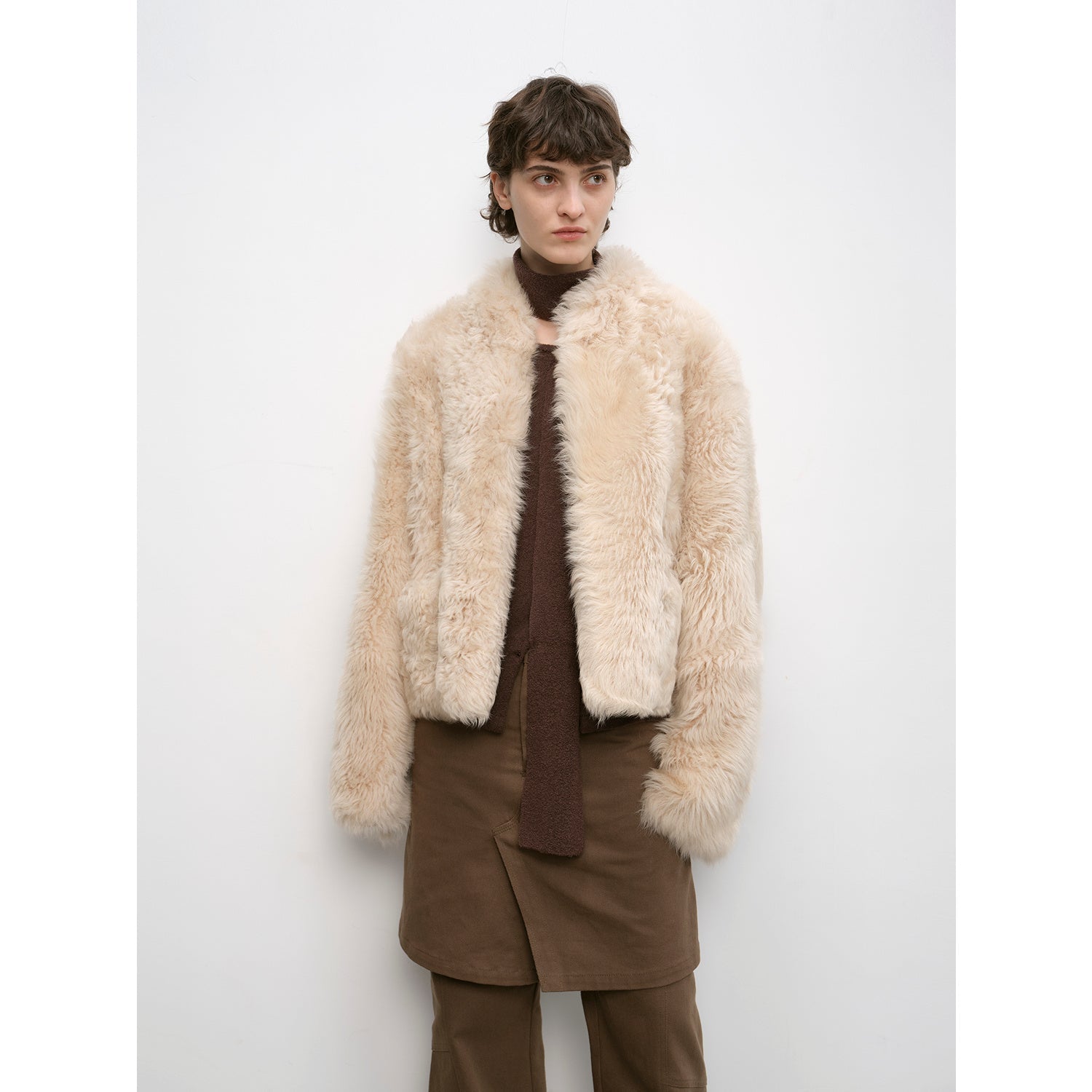 "Autumn Basel" imported Tuscan sheepskin half-roll short casual fur coat-5