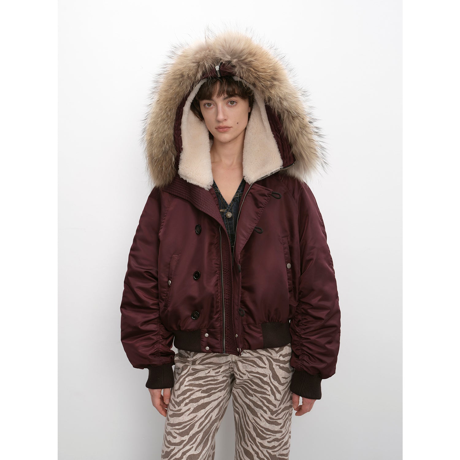 Fireladyfur Warm Short Style Jacket with a Large fur Hood and Raccoon Fur"Cool and Sharp"-4