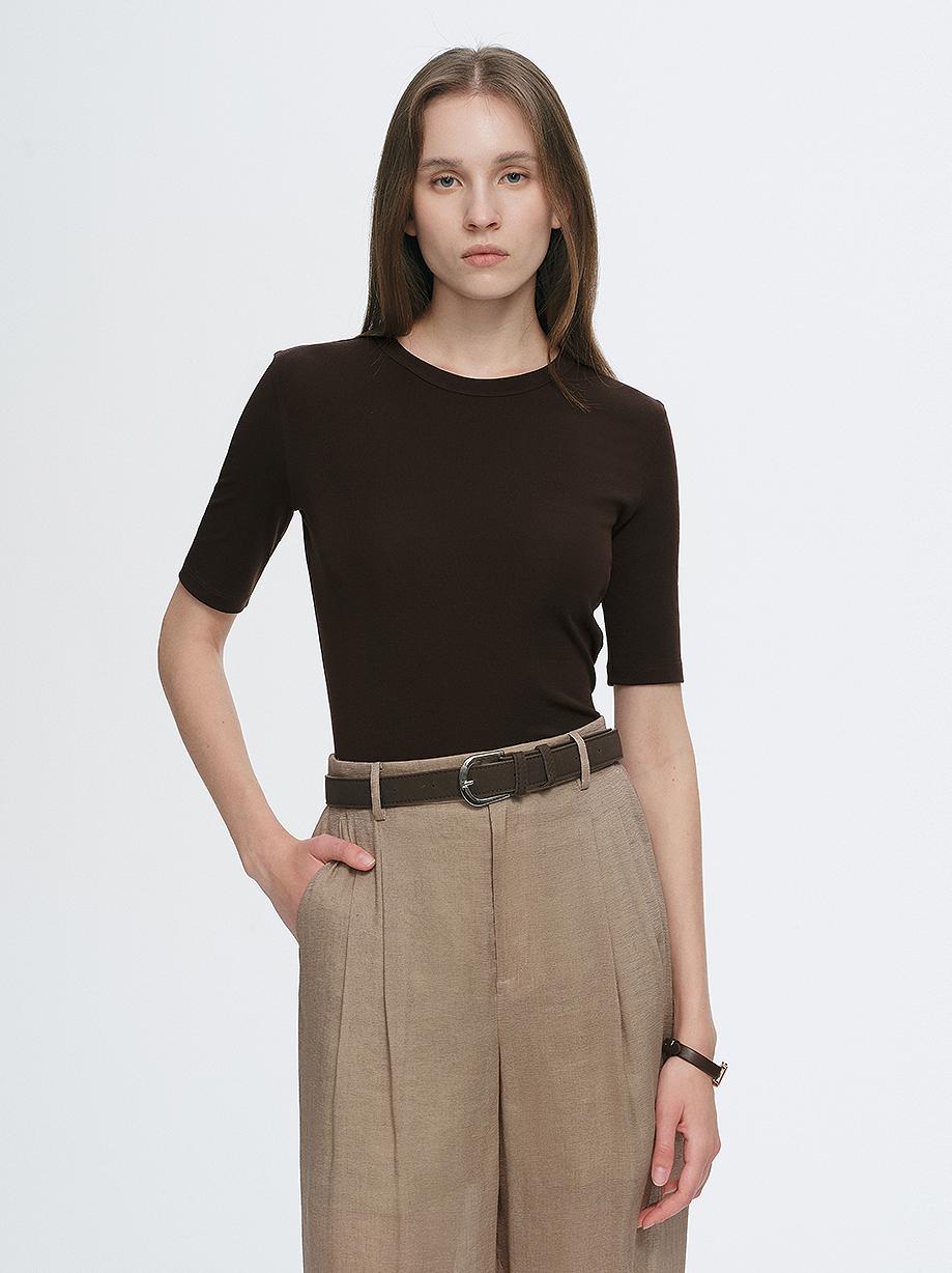 Fitted waist slimming round neck Tencel cashmere versatile short-sleeved T-shirt-5