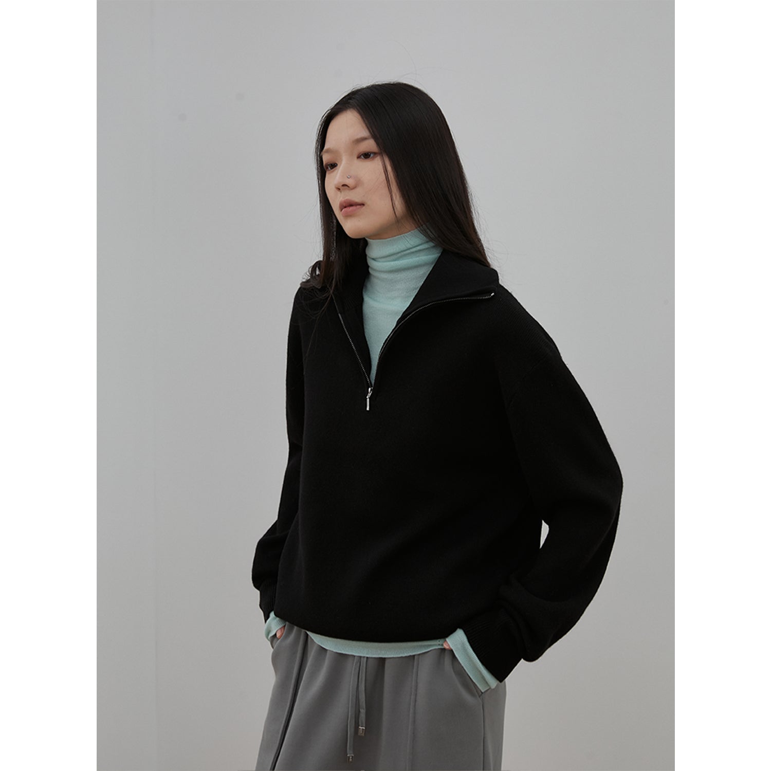 "Moonlight Farm" Merino wool lazy loose pullover sweater women's zipper turtleneck sweater-5