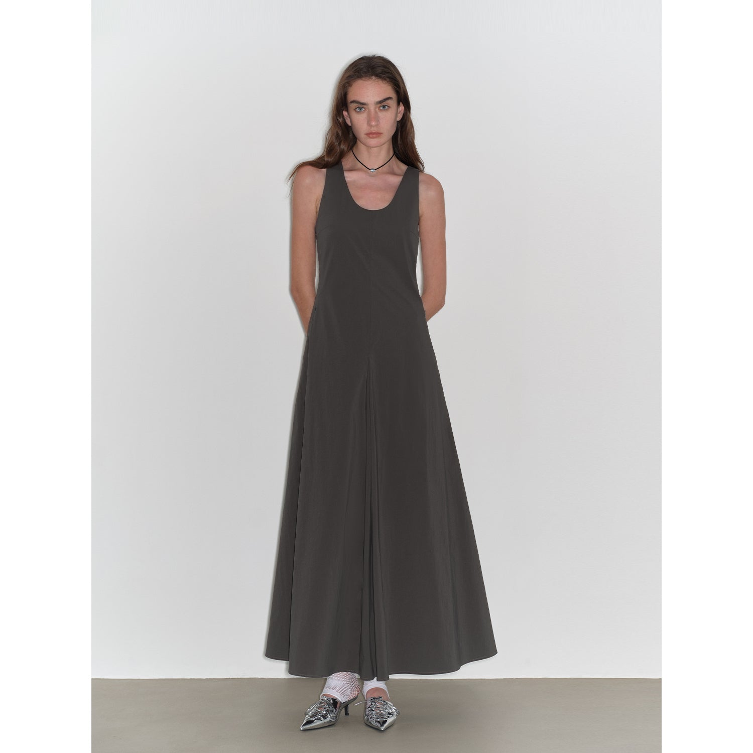 "Lake Bled" Simple and slim texture U-neck A-line slim fit vest dress-5