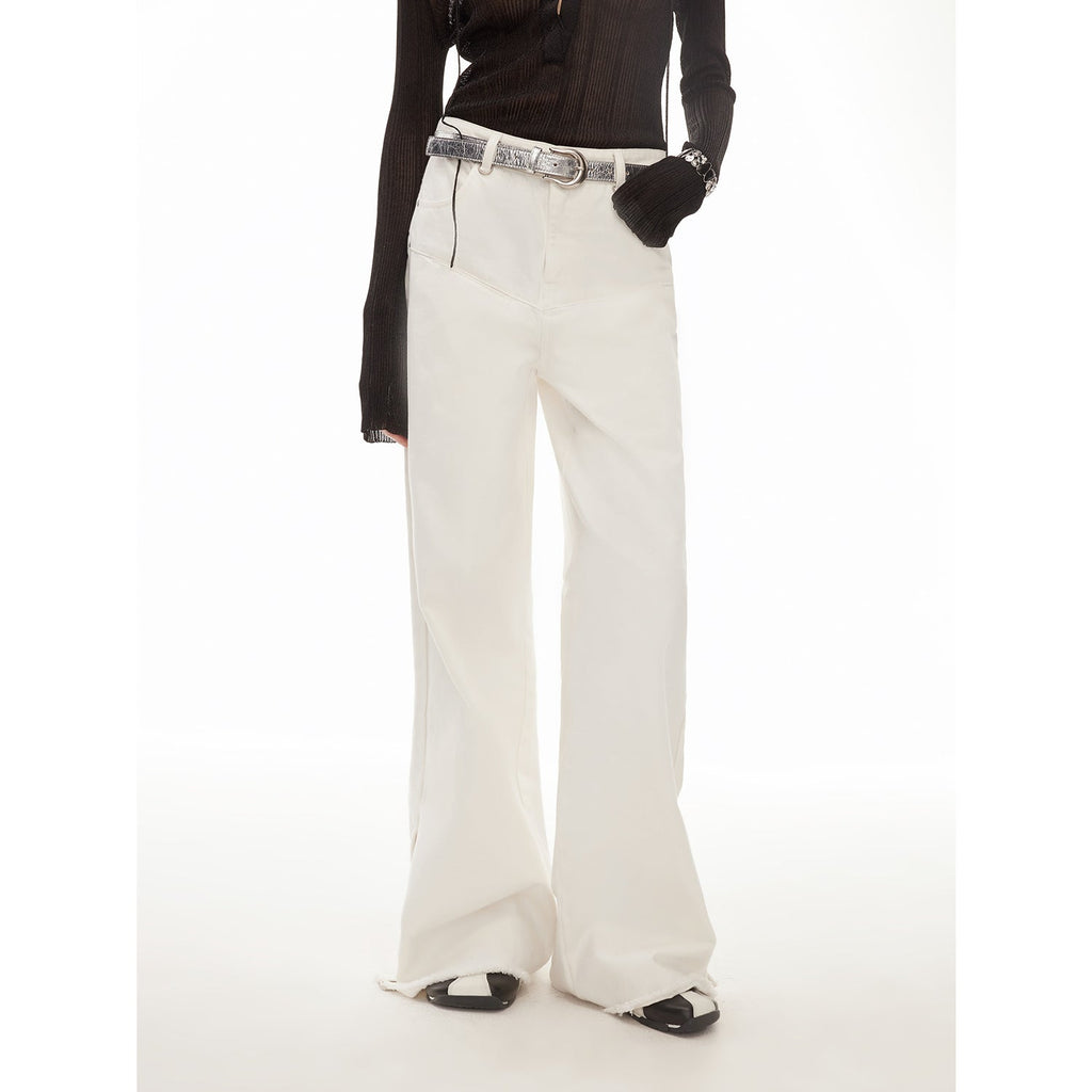 Vintage style curved split design enzyme wash process wide-leg micro-lapel mid-low waist denim pants-4