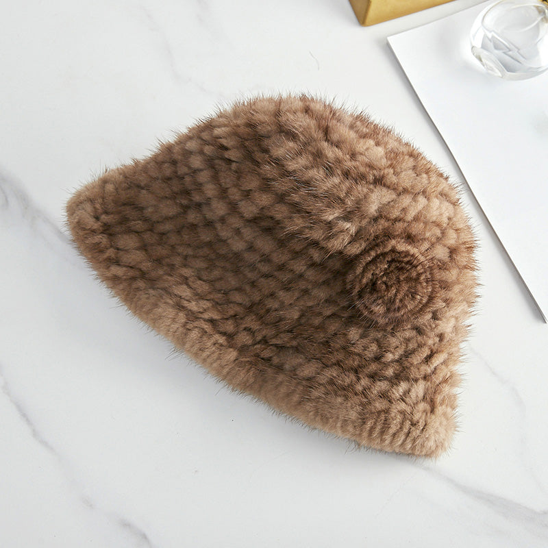 Mink Woven Fur Hat Women's Camellia Flower Bucket Hat-5