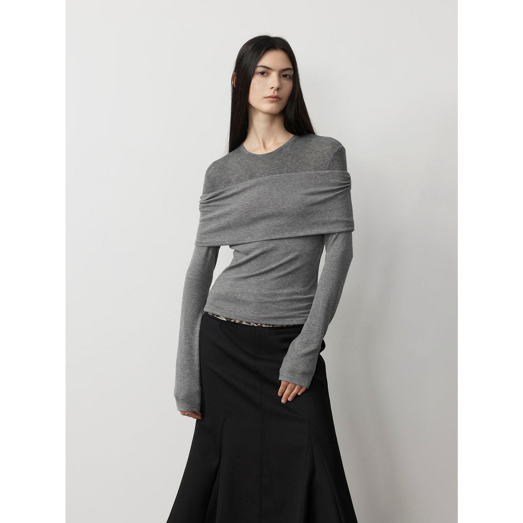 Personalized layered Tencel wool fake two-piece splicing one-shoulder versatile knitted top"Modern Tricks"-5