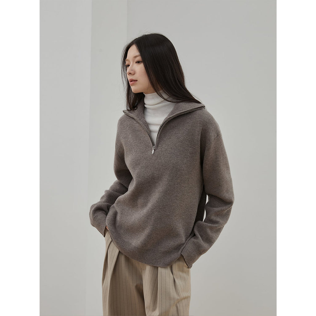 "Moonlight Farm" Merino wool lazy loose pullover sweater women's zipper turtleneck sweater-7