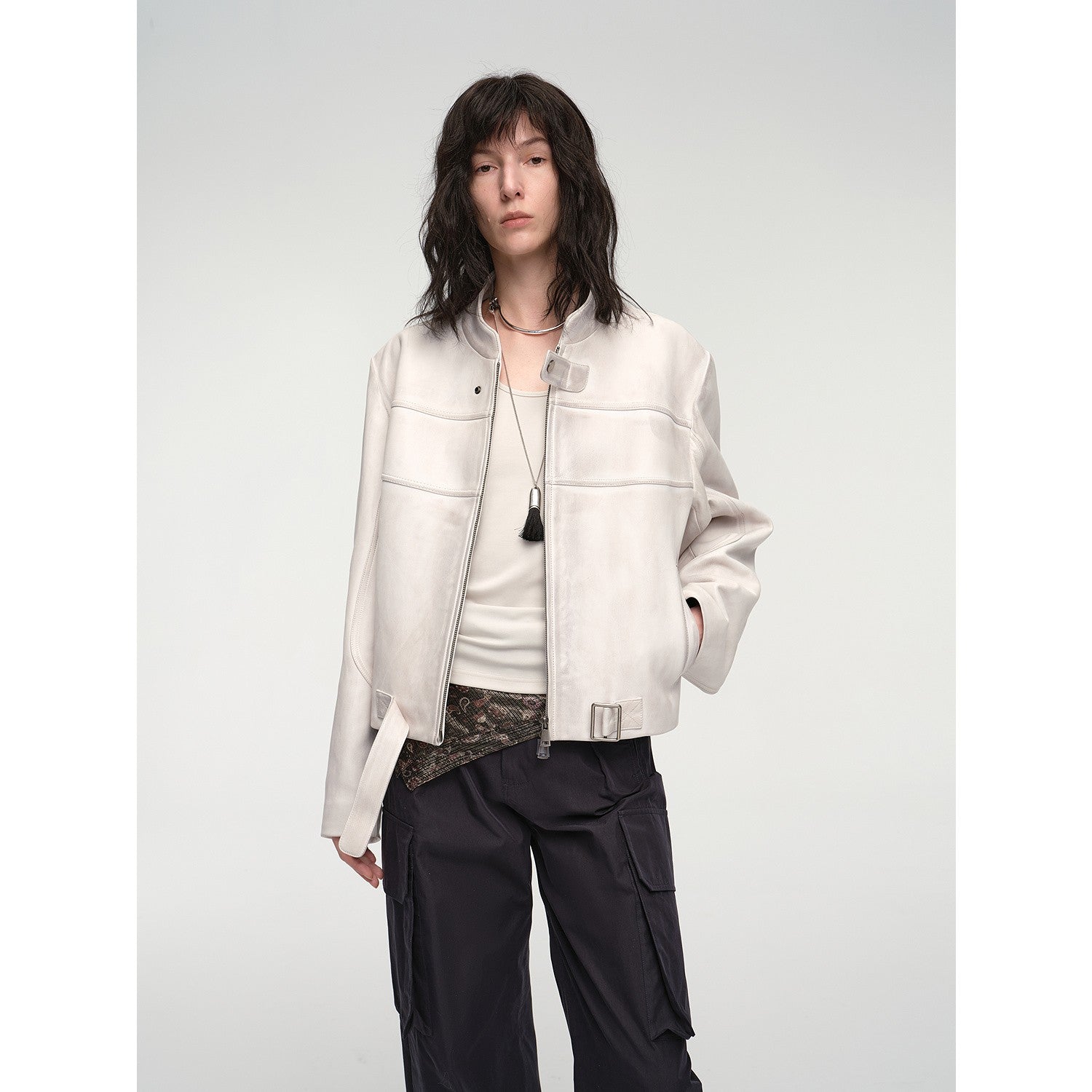 Retro Sheepskin Stand Collar Short Motorcycle Jacket “Caramel Mountain”-7