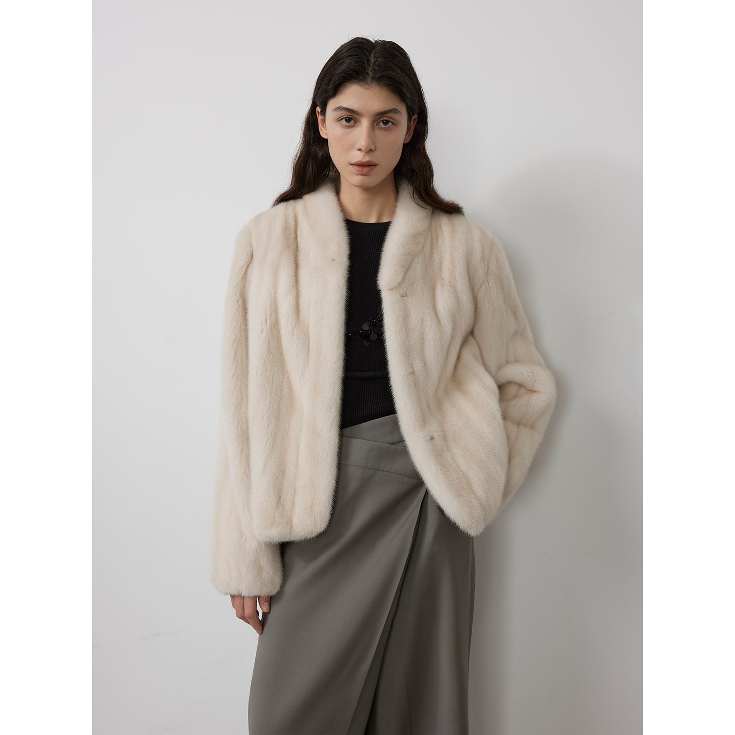 Warm coffee mink retro imported stand collar short mink fur coat-7