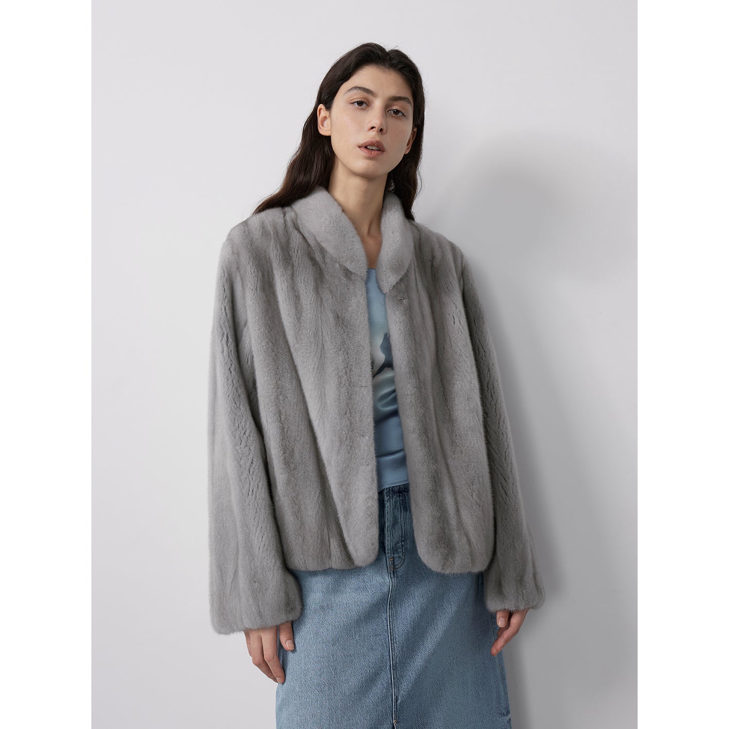 Warm coffee mink retro imported stand collar short mink fur coat-8