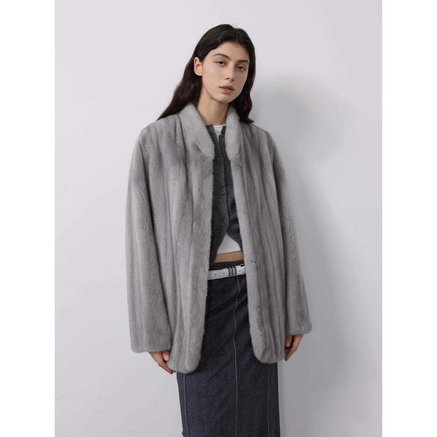 Warm coffee mink retro imported stand collar short mink fur coat-11