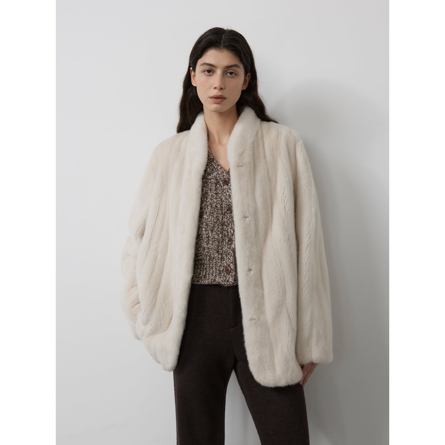 Warm coffee mink retro imported stand collar short mink fur coat-12