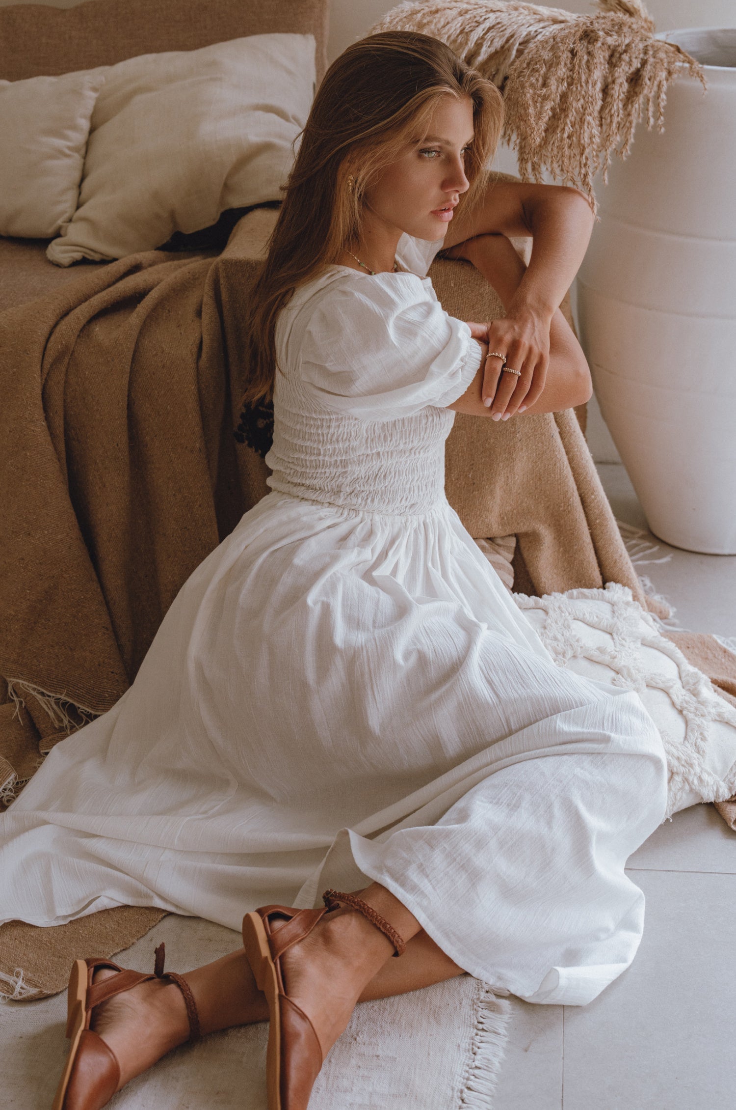 Sophie Smocked Linen Midi Dress-2