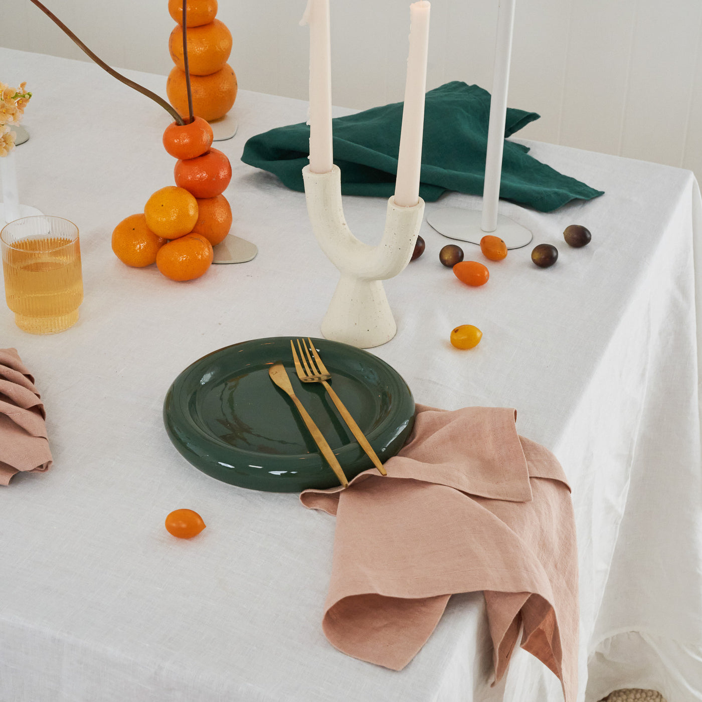 100% Linen Napkin Set Peach & Green-1