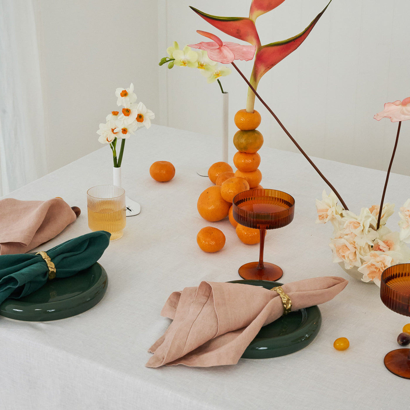 100% Linen Napkin Set Peach & Green-2