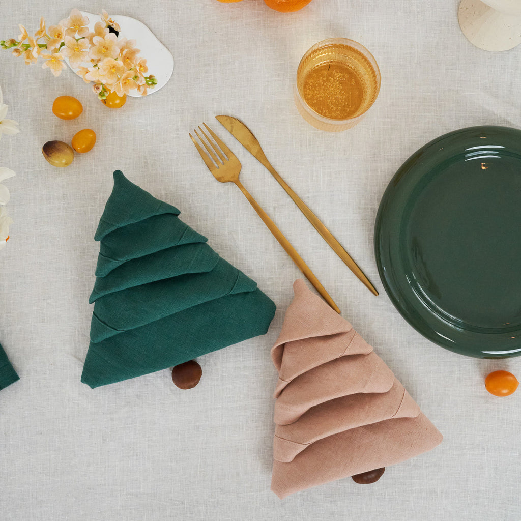 100% Linen Napkin Set Peach & Green-3