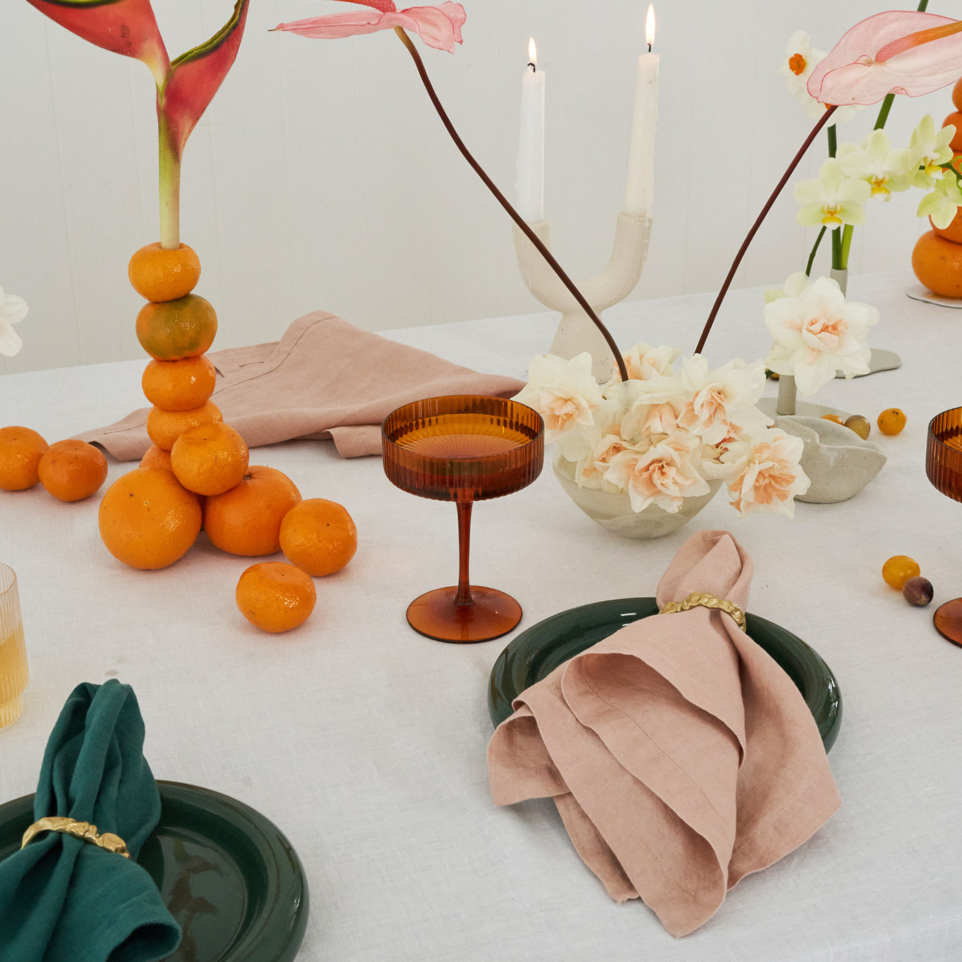 100% Linen Napkin Set Peach & Green-4