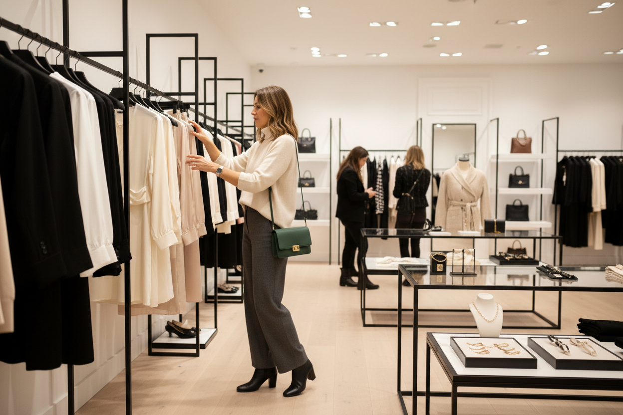 a fashionable woman that is in a multibrand shop, afforable luxury, she dont look into the camera