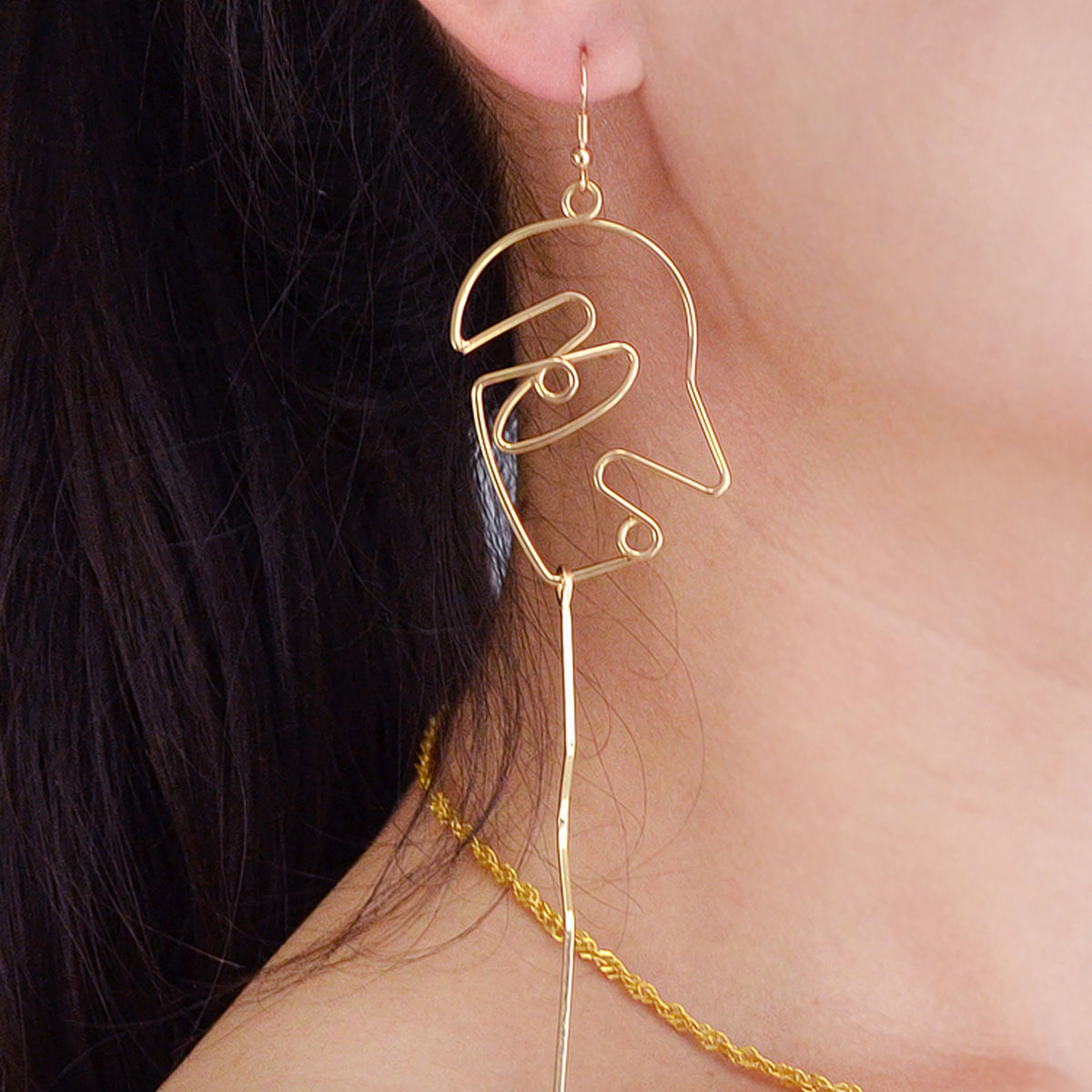 Abstract Art Gold Silver Metal Minimalist Hollow Weird Face Long Charm Earrings-0