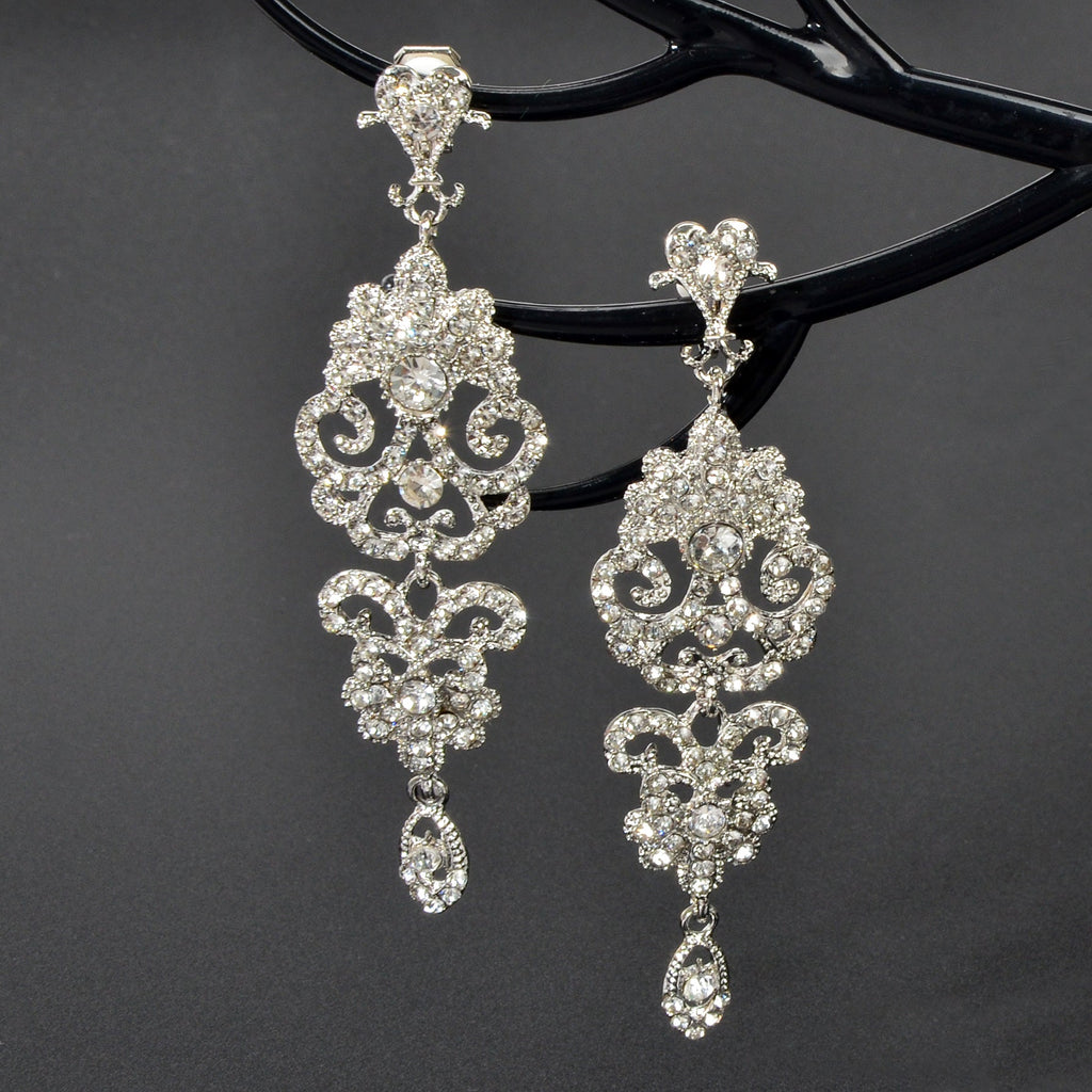 Luxury Rhinestones Silver Hollow Carving Pendant Earrings Banquet Wedding Jewellery-2