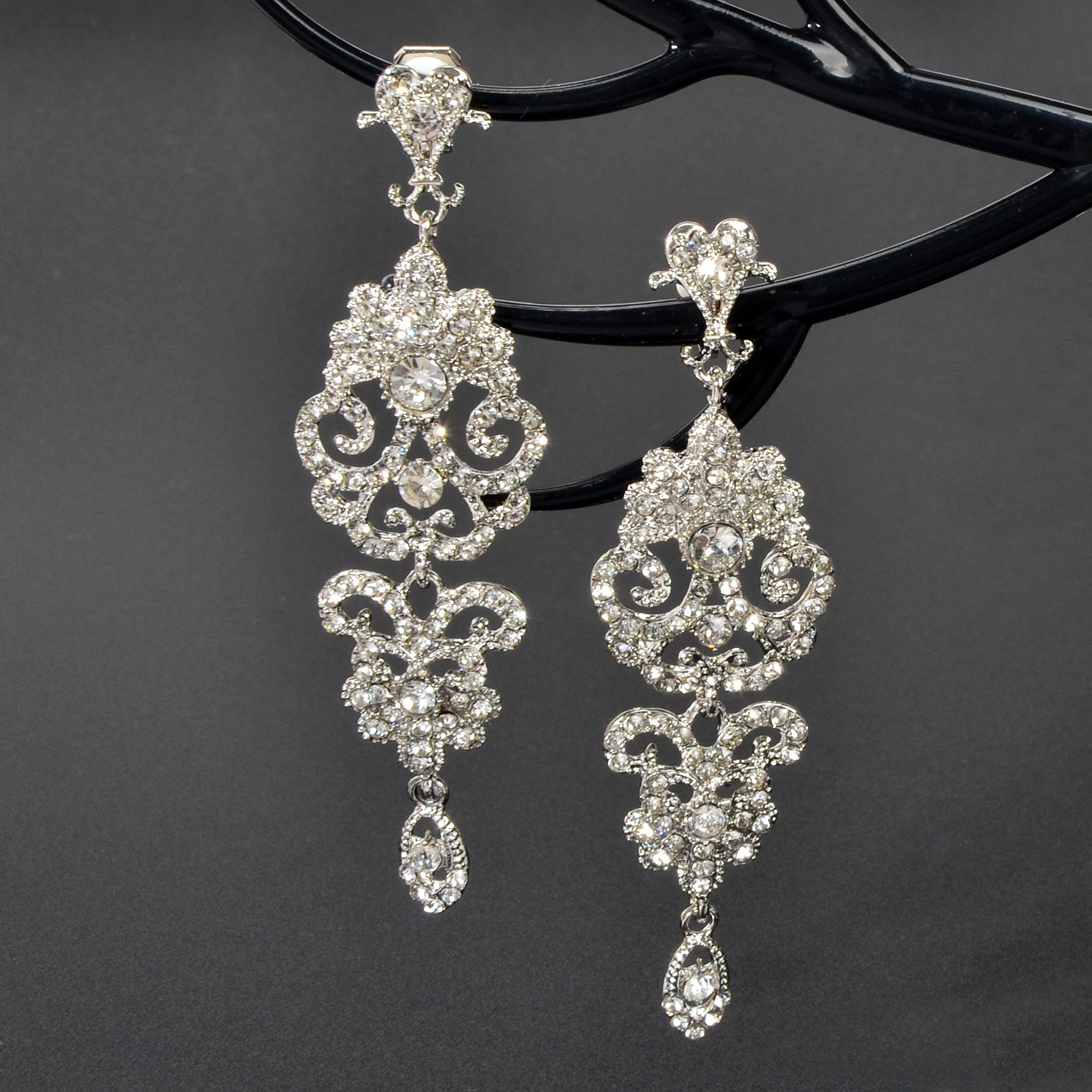 Luxury Rhinestones Silver Hollow Carving Pendant Earrings Banquet Wedding Jewellery-2