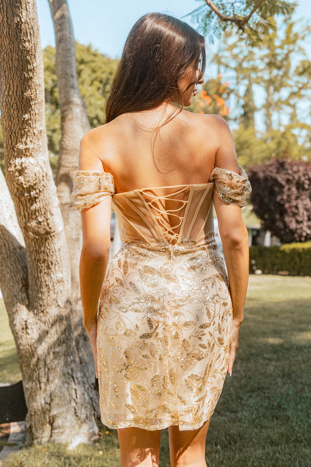 Glitter Pattern Mesh Sheer Bodice Homecoming Bodycon Dress w/ Lace-Up Back-2