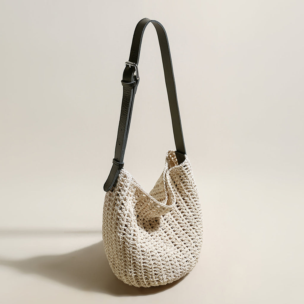 Medium White Beach Tote Bag with Blue Leather Straps