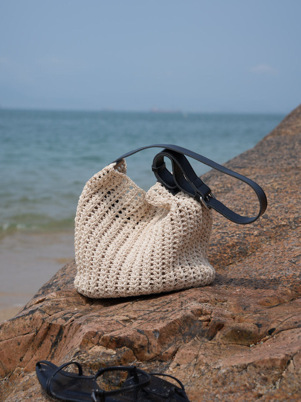 Medium White Beach Tote Bag with Blue Leather Straps