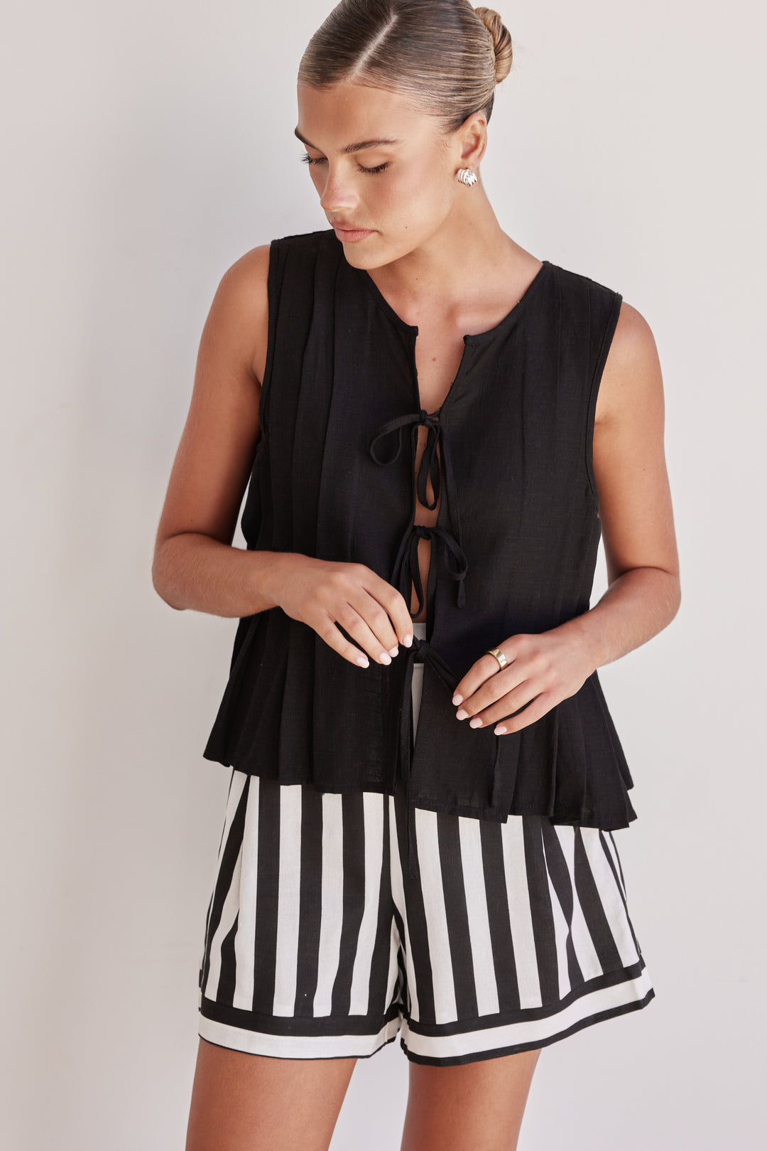 Black Linen Tie-Up Top – Sleeveless Pleated Front Blouse-0