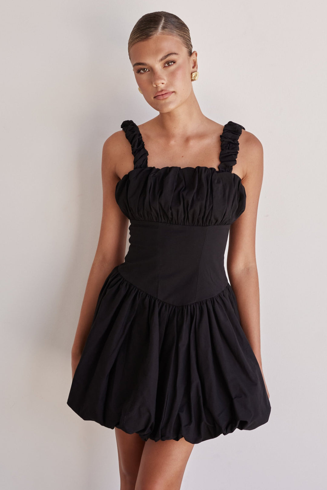 Black Cotton Poplin Bubble Mini Dress-3