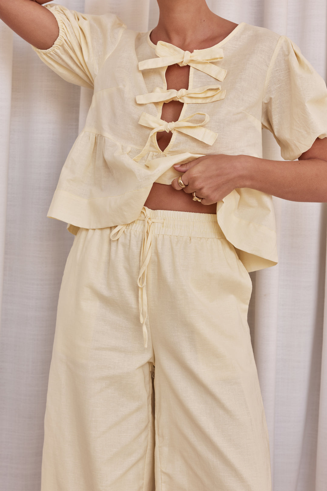 Butter Yellow Linen Bow Tie Front Top – Puff Sleeve Peplum Blouse-1
